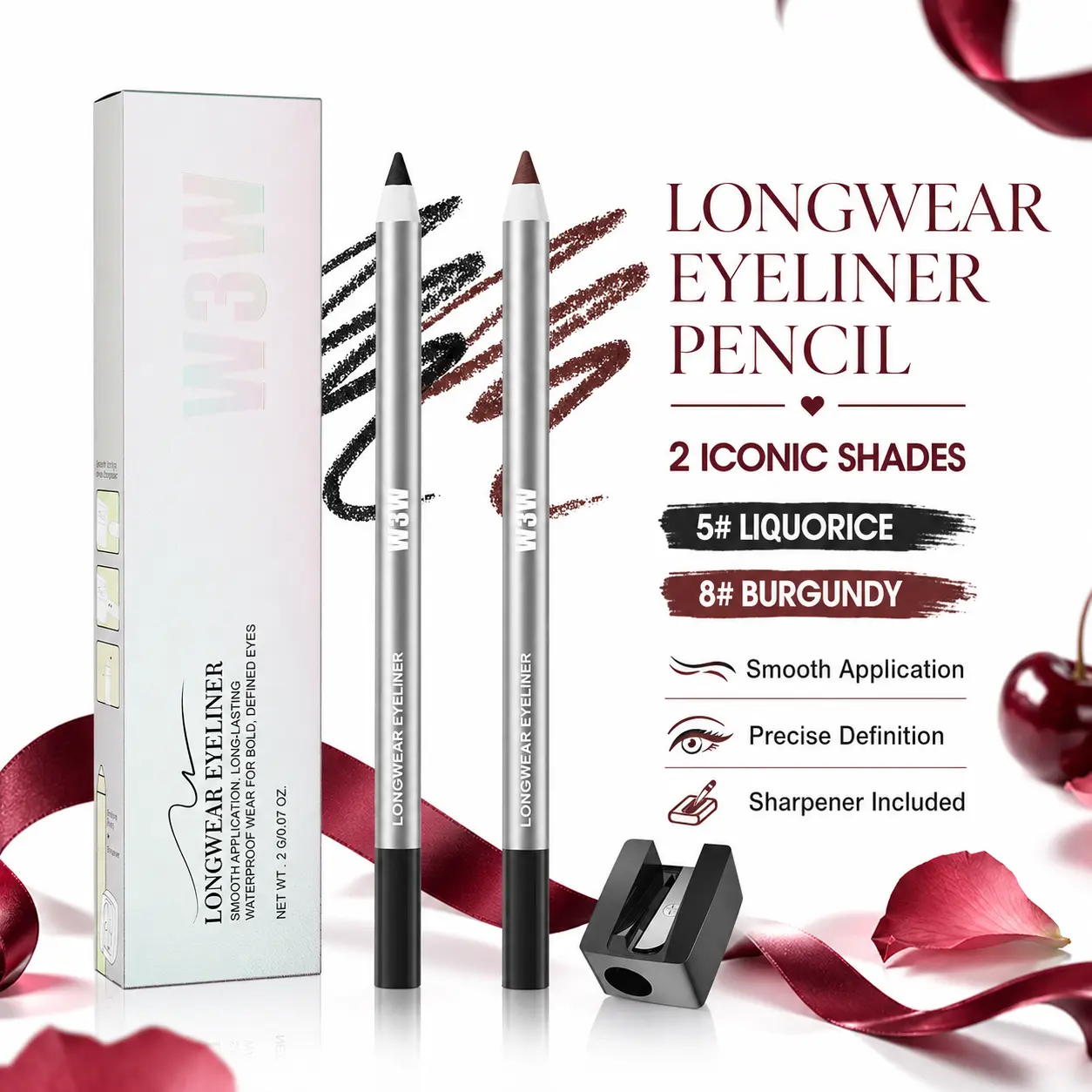 2-Pack Longwear Waterproof Eyeliner Pencil Set, Black & Burgundy, Sharpenable Precision Eye Liner with 2 Sharpeners, Smooth Color for Everyday Looks, Soft Glam, Date Night, Party & Travel