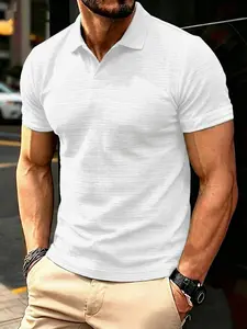 Men's Casual Short Sleeve T-Shirt, Textured Fabric, Ribbed Polo Top, Summer Solid Color Fashion, Single Piece