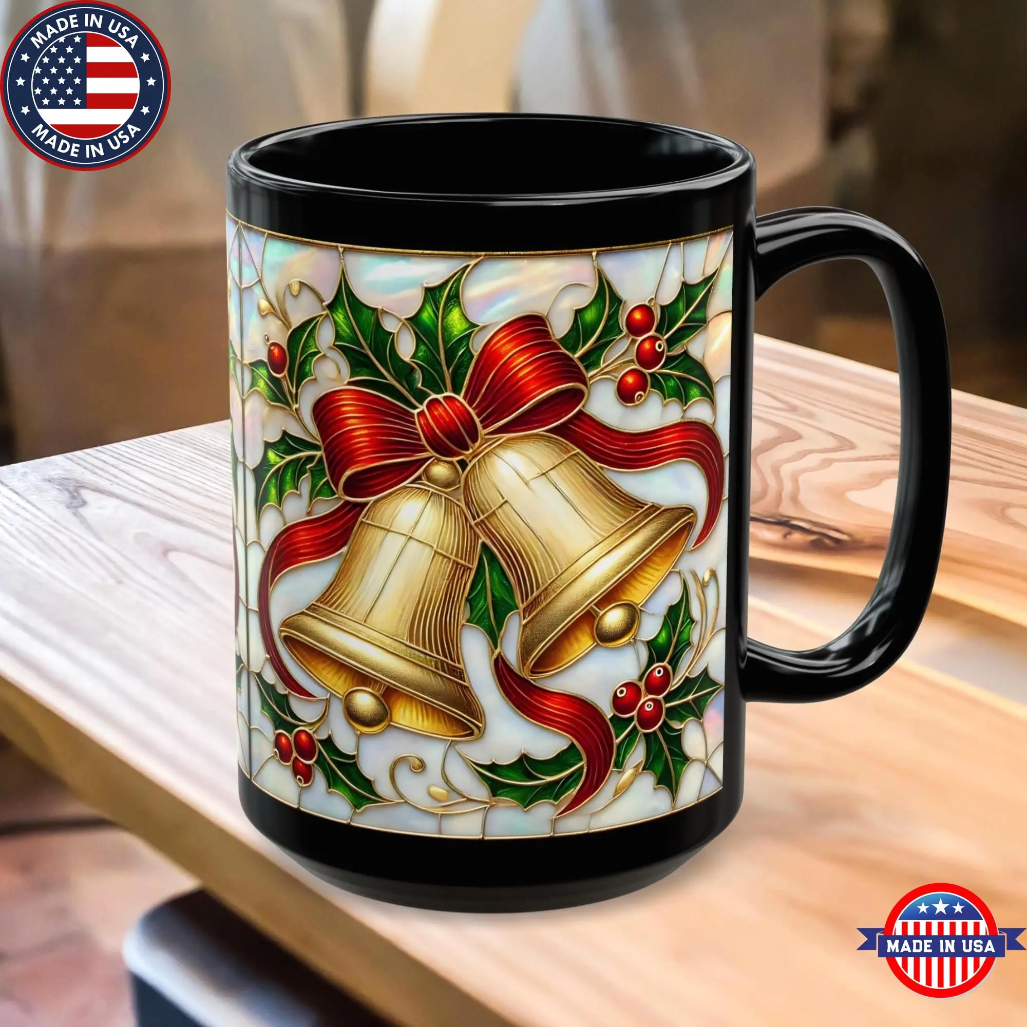 [Sale off up to 50%] Festive Christmas Bells Mug, Stained Glass Style Holiday Coffee Cup, Seasonal Gift, Christmas Gift for Her or Him, XMAS Decor, 11oz/15oz Mug