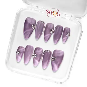 Siyou Mystical Glow Press On Nails Set Medium Almond Purple Iridescent Reusable