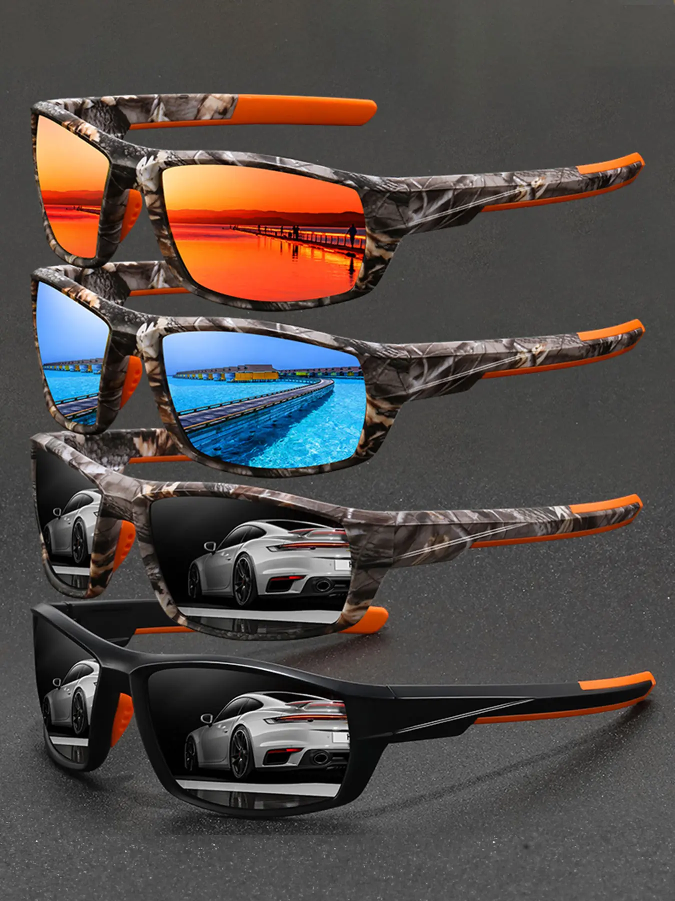 4 latest camouflage sports glasses, classic camouflage pattern frame with anti slip rubber nose pad and rubber eyeglass legs, comfortable and fashionable to wear, ideal choice for outdoor sports enthusiasts, trendy men's and women's glasses.