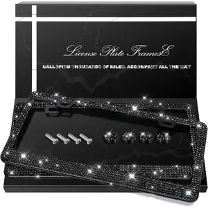 QUANQIUFEI 2 Pack Bling License Plate Frames, Sparkly Rhinestone Diamond Car License Plate Cover for Women, Stainless Steel Car Accessories with Glitter Crystal Caps (Black)