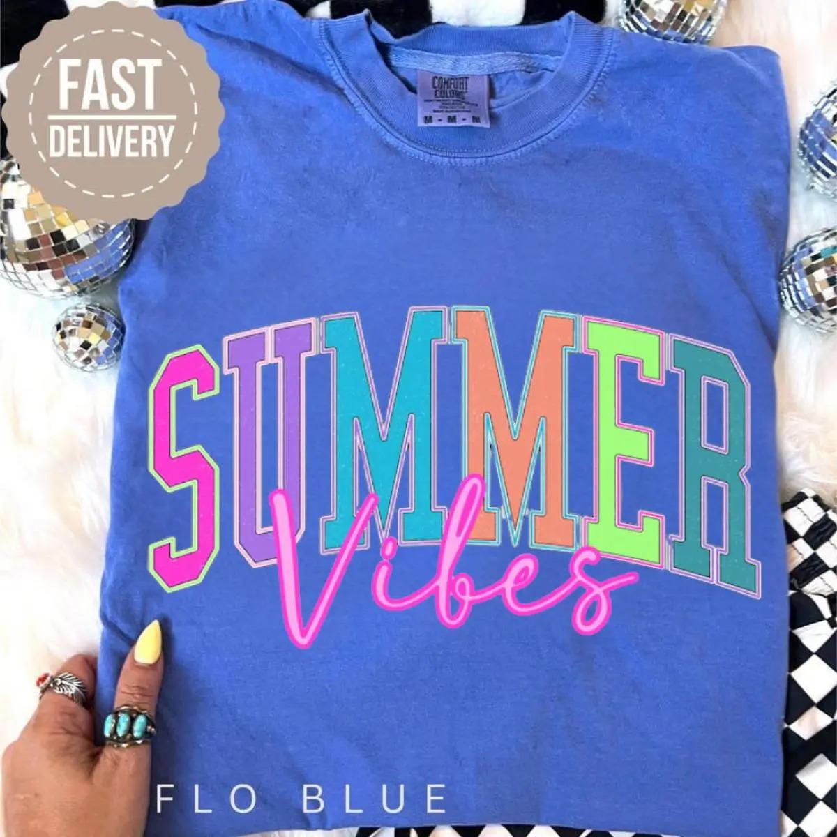 Comfort Colors Summer Vibes Women T-Shirt, Beach Life Gift for Her, Summer Trendy Shirt, Distressed Beach Mom Tee, Neon River Birthday Gifts Cotton Trending