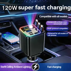 7-in-1 Retractable 120W Car Charger with Starry Sky Ambient Light