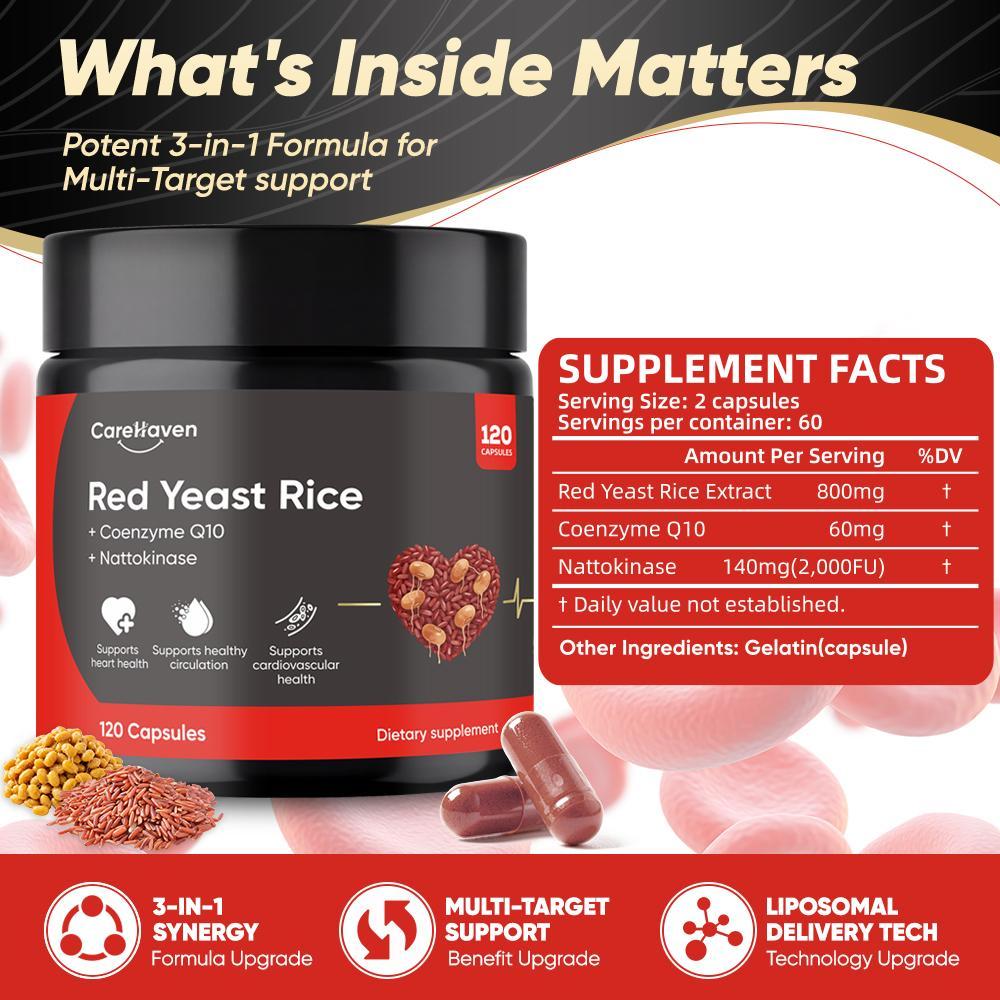 CareHaven Red Yeast Rice Natural Supplements with Nattokinase & CoQ10 - 120 Citrinin-Free Capsules, Ambient Bottle Set with Lid, for Adults, Natural Herbs Lifestyle, Cardiovascular Health & Cholesterol Management Aid, Non-Toxic Support