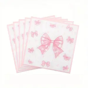100Pcs Pink Bow Napkins Watercolor Bow Disposable Napkins with Scalloped Edge White Pink Paper Luncheon Dinner Napkins