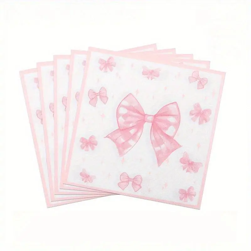 100Pcs Pink Bow Decorative Napkins Watercolor Bow Disposable Tableware Napkins with Scalloped Edge White Pink Paper Luncheon Dinner Napkins Bulk