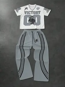 Men's Sport Streetwear Two-Piece Set, Football Short Top with Tiger Print, Camo Loose Pants, Casual Fall&winter