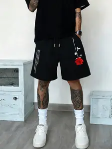 Men's Rose, Floral & Letter Print Drawstring Shorts, Comfortable Fashion Design, Perfect Casual Wear, Ideal Gift, Trendy Style Statement