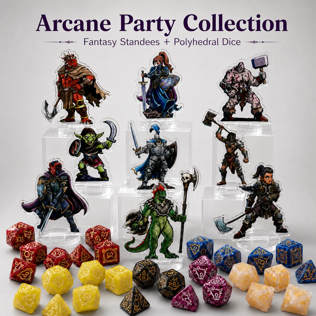 42PCS Fantasy RPG Tabletop Set, 9 Acrylic Character Standees with Clear Bases & 42 Polyhedral Dice, 6-Color Dice Sets for Role Playing Board Games, Gamer Gift