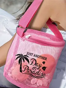 Embroidered mesh beach bucket bag, ocean-themed embroidered patterns, small and cute shell storage pouch, portable round mesh basket, crochet woven bag, lightweight beach bag, mesh toy storage bag, perfect for beach vacations
