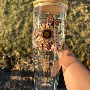 Boho Sunflower Butterfly 40oz Clear Glass Tumbler with Handle