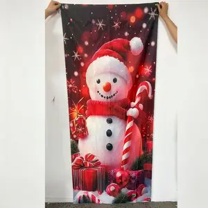 1pc Christmas party banner, made of polyester material, with Christmas snowman, gift, candy background pictures, suitable for indoor and outdoor decoration, Christmas party decoration, Outdoor party decorations