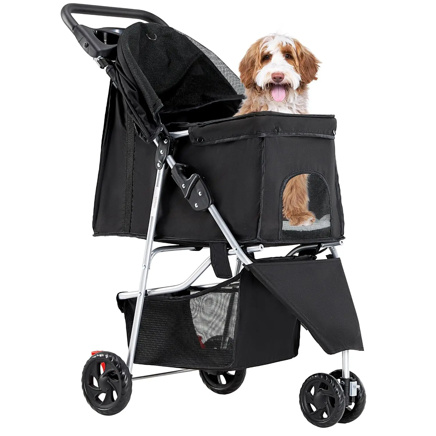 3 Wheel Pet Stroller for Dogs and Cats, Foldable Design | Lightweight and Durable, Ideal for Small to Medium Pets, Includes Storage Basket and Cup Holders, Black