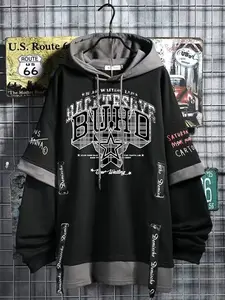 Men's Colorblock Star Print Hoodie, Casual Fashion Patchwork Sweatshirt, Trendy Hip-Hop Style, Versatile Outerwear