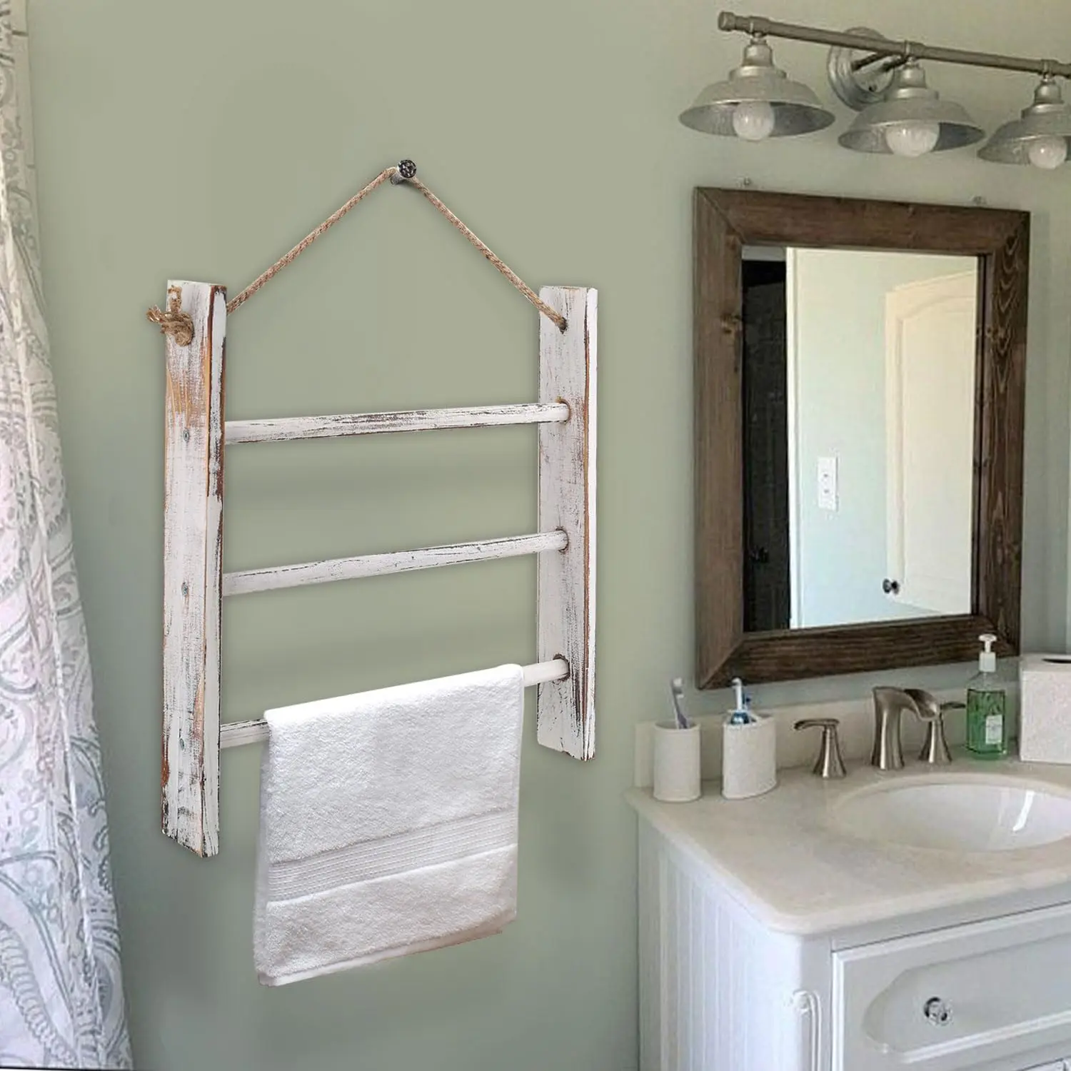 Rustic  Ladder Hand Towel Rack for Bathroom, Farmhouse Blanket Ladder for Living Room  Decorative Rack for Blankets Whitewashed Towel Rack with Rope (Whitewashed)