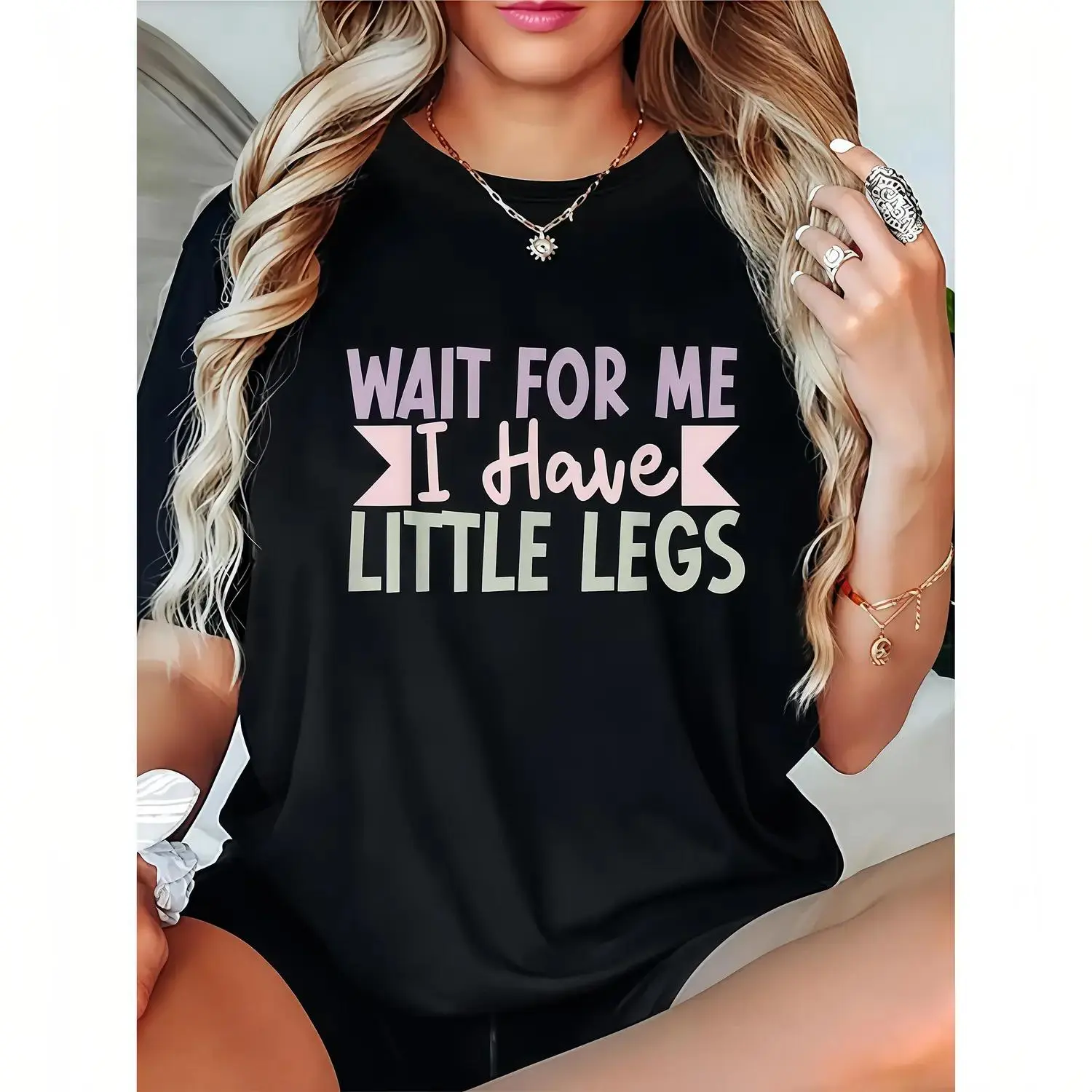 Womens Wait for Me I Have Little Legs Humorous Sarcasm Print T shirt Casual Round Neck Short Sleeve All season Comfortable Fit Top