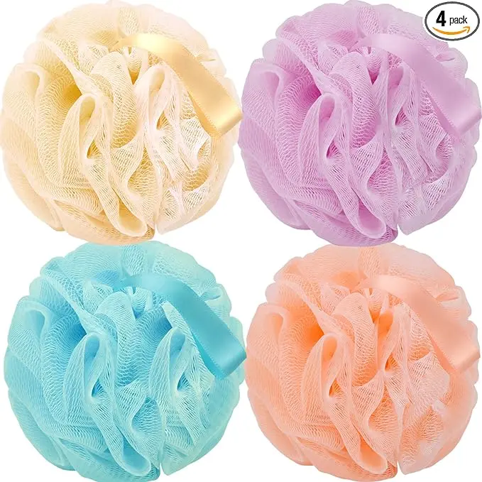Bath Loofah Sponge Back Scrubber Shower Sponge Soft Mesh Exfoliator Pouf Shower Ball Bath Sponges for Women and Men Bath Accessories (4Pcs 50g Multi Colour)