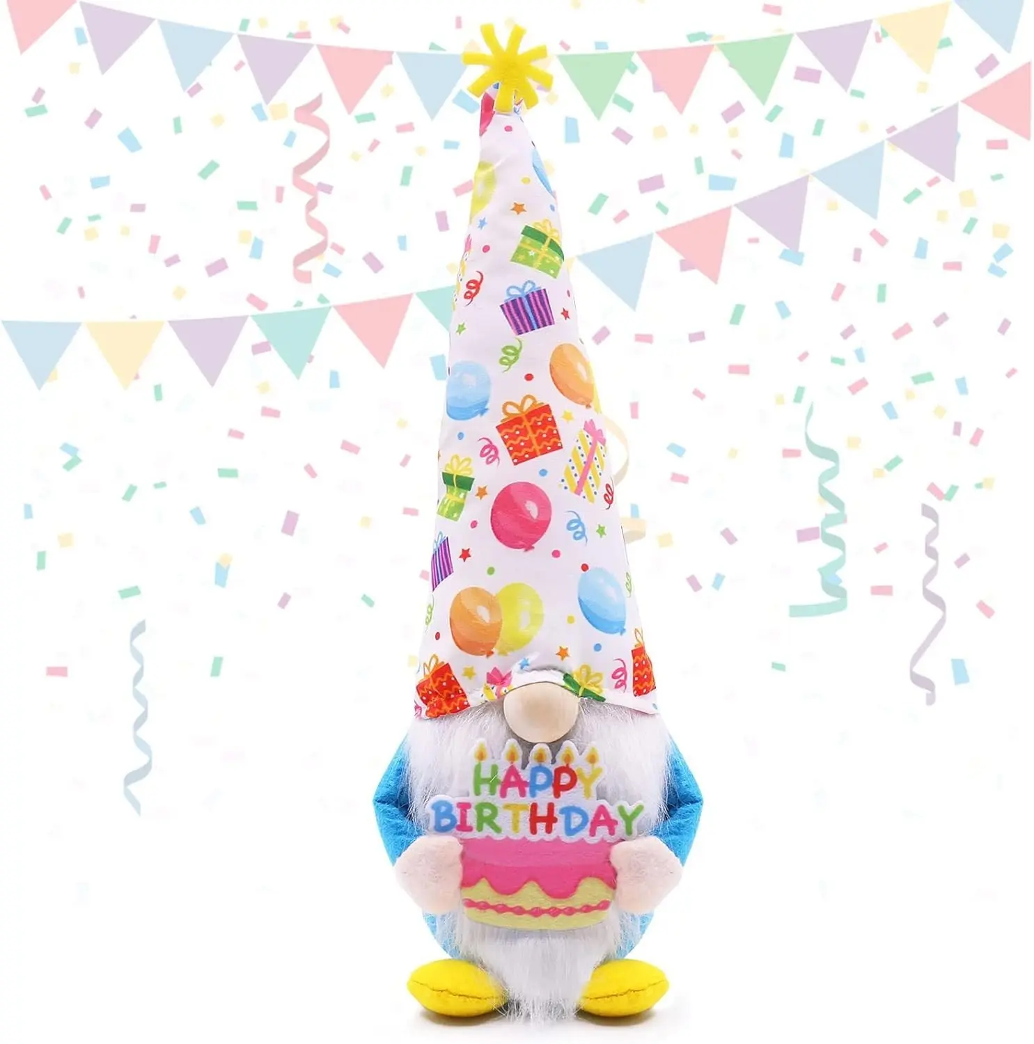 Happy Birthday Plush Gnomes Holding a Cake for Party Decorations Handmade Gnome for Birthday Gifts Scandinavian Tomte for Tiered Tray Decor