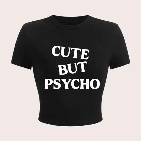 Women's "CUTE BUT PSYCHO" Letter Print Round Neck Crop Tee, Fashion Casual Crew Neck Short Sleeve T-Shirt for Daily Holiday Vacation Outdoor Wear, Ladies Clothes for All Seasons, Letter Print Top, Letter Pattern Top