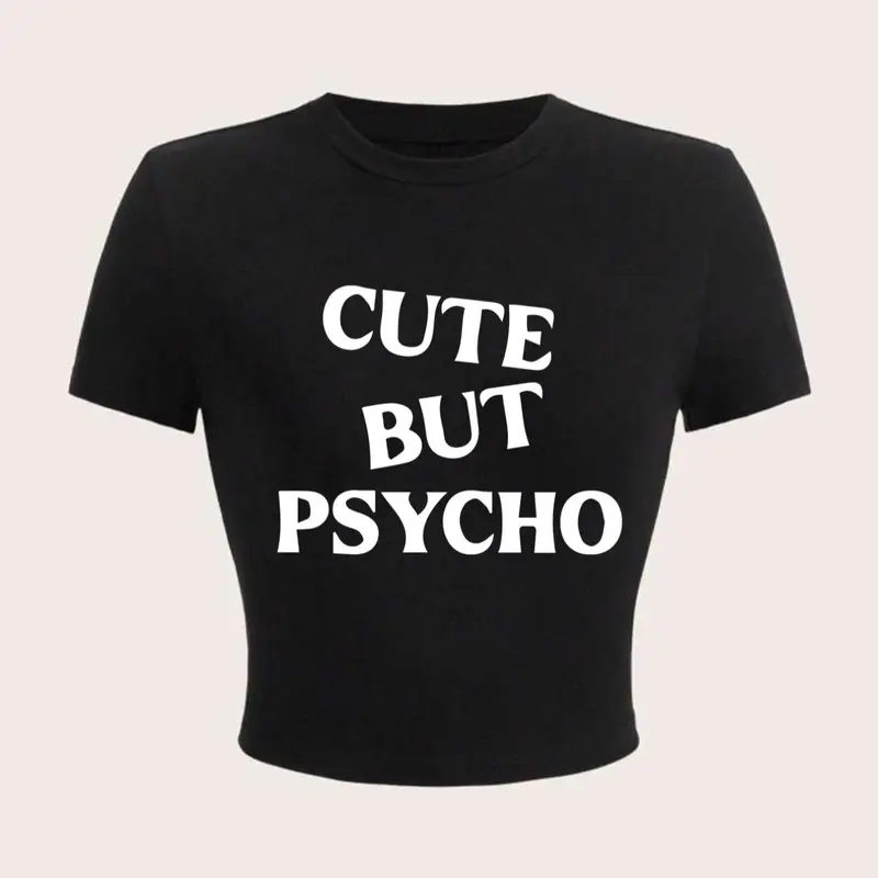 Women's "CUTE BUT PSYCHO" Letter Print Round Neck Crop Tee, Fashion Casual Crew Neck Short Sleeve T-Shirt for Daily Holiday Vacation Outdoor Wear, Ladies Clothes for All Seasons, Letter Print Top, Letter Pattern Top