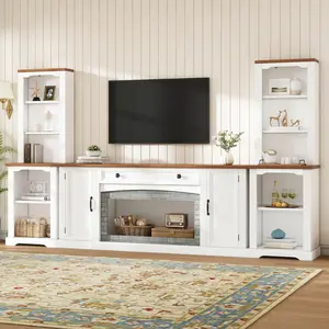 3-Piece TV Stand Set with Curved Side Cabinets for TVs Up to 70", Farmhouse Entertainment Center with Bookshelves, Stylish Walnut Sideboard with Drawer, Adjustable Shelves, for Living Room, White