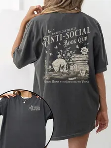 Women's "Unapologetically Antisocial Book Club" casual, Graphic, Fitted T-shirt, featuring Gothic literature elements, a must-have for book lovers and dark style enthusiasts, suitable for reading dates, casual outings, and avant-garde literary looks