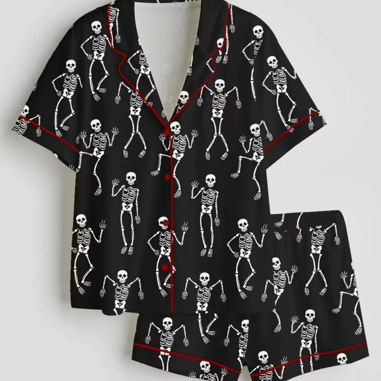 Skeleton Candy Satin Pajama Set, Womens Halloween Short Sleeve Pjs, Spooky Season Silky Sleepwear, Cute Fall Loungewear