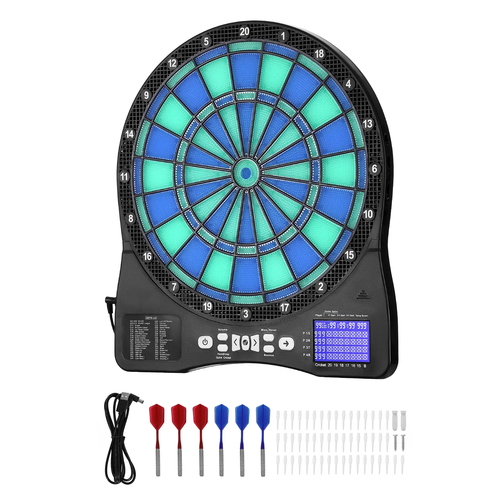 Electronic Dart Board, LED-Illuminated Target Dartboard with 48 Games & 500+ Variations, Includes 6 Dart Shafts with Flights & 50 Soft Tips, Cricket Scoring LCD Screen - Supports Up to 8 Players
