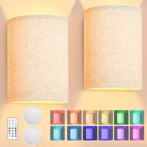 2-Pack Rechargeable RGB W Dimmable Remote Control Fabric Wall Lamp, Remote Control Rechargeable RGBW Night Light for Home Bedroom Living Room
