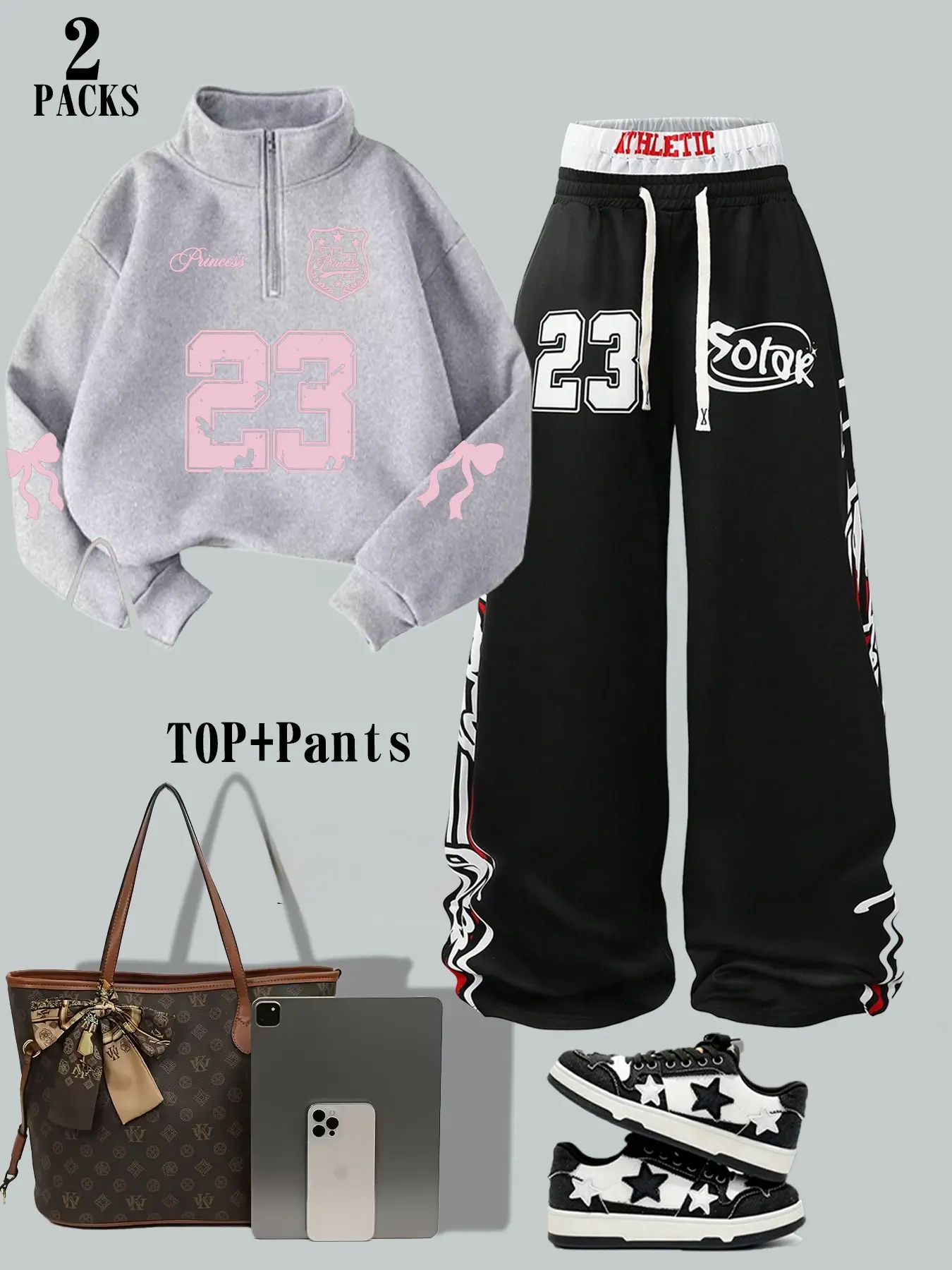 Women's Casual Loose-Fitting Set, Hooded Half-Zip Sweatshirt & Wide-Leg Pants, Fall Winter Fashion, Butterfly Pattern, Streetwear Style, Outfit, Womenswear