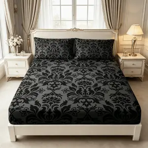 3pcs Black Textured Floral Print Fitted Sheet Set, suitable for bedroom, hotel, dormitory and other places, machine washable (1 fitted sheet + 2 pillowcases, no inserts).