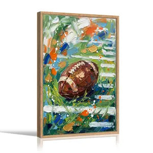 Wall Art Painting  Abstract Football Field Artwork Canvas Print Poster Living Room Bedroom Home Office Match Party Sports Decor, with Wooden Floating Frame Size 18X24inch