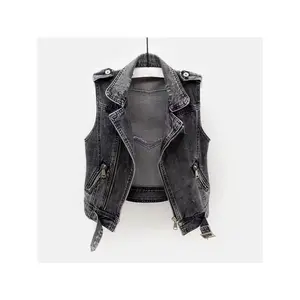 Spring Old Grey Denim Vest for Men, Workwear Style with Multiple Pockets, Loose Fit, Sleeveless, Overcoat Type