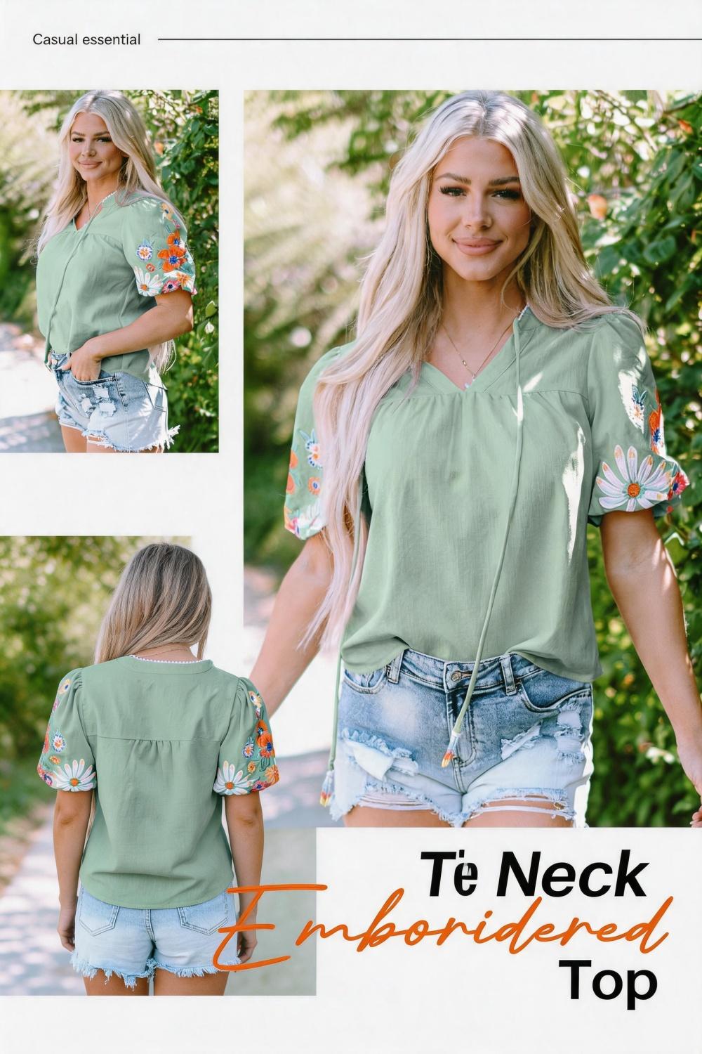 Women's Boho Floral Embroidered Blouse - Feminine V-Neck Tassel Tie Puff Short-Sleeves Crinkle Crepe Summer Shirt with Style Inspo Women's Boho Floral Embroidered Blouse - Feminine V-Neck Tassel Tie Puff Short-Sleeves Crinkle Crepe Summer Shirt with Style Inspo