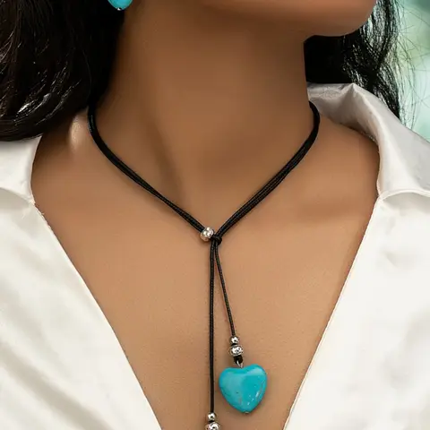 Boho Style Long Adjustable Heart Turquoise Necklace Earrings Set, Women's Jewelry, Jewelry Sets, 1 Pair Earrings + 1 Necklace