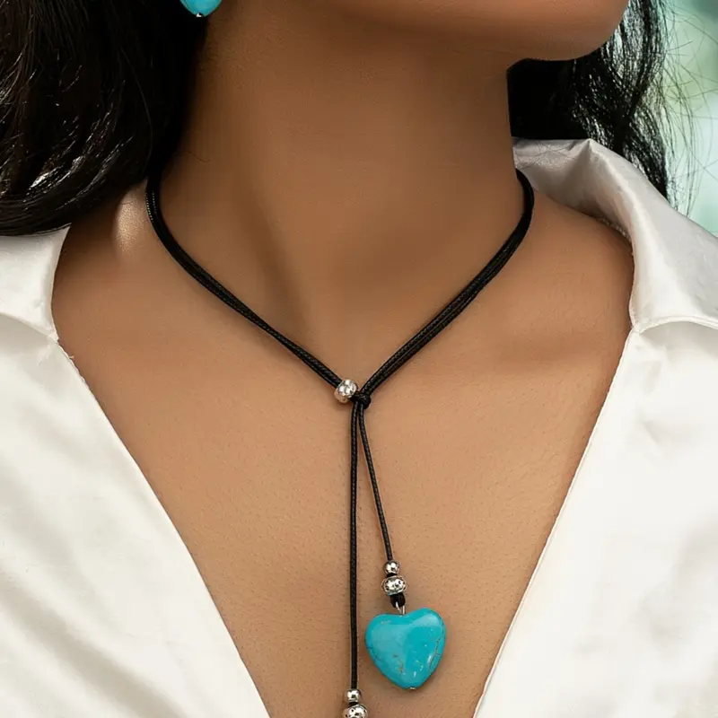 Boho Style Long Adjustable Heart Turquoise Necklace Earrings Set, Women's Jewelry, Jewelry Sets, 1 Pair Earrings + 1 Necklace