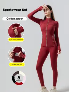 [Gold Zipper] Soft, High-Stretch Women's Sports Jacket, High Waist Sports Leggings, High Stretch Seamless Yoga Leggings. Gold zipper jacket with pockets and thumbhole design. Women's casual wear, workout wear.