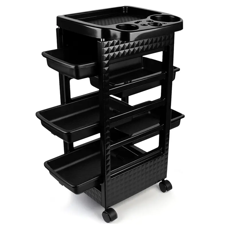 Black Commercial Salon Storage Cart with Wheels - Sturdy Waterproof Modern Rectangle Storage Organization Furniture, 5 Drawers, Hair Dryer Holder, Tool Organizer Racks, Cosmetic Holder, Plastic, 11.4 x 14.3 x 31.8 inches, Installation Required