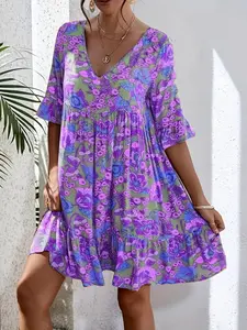 Women's Summer Casual V-Neck Floral Print Bohemian Boho Dress, Plus Size New Arrival, Comfortable and Stylish, Perfect for Daily Wear