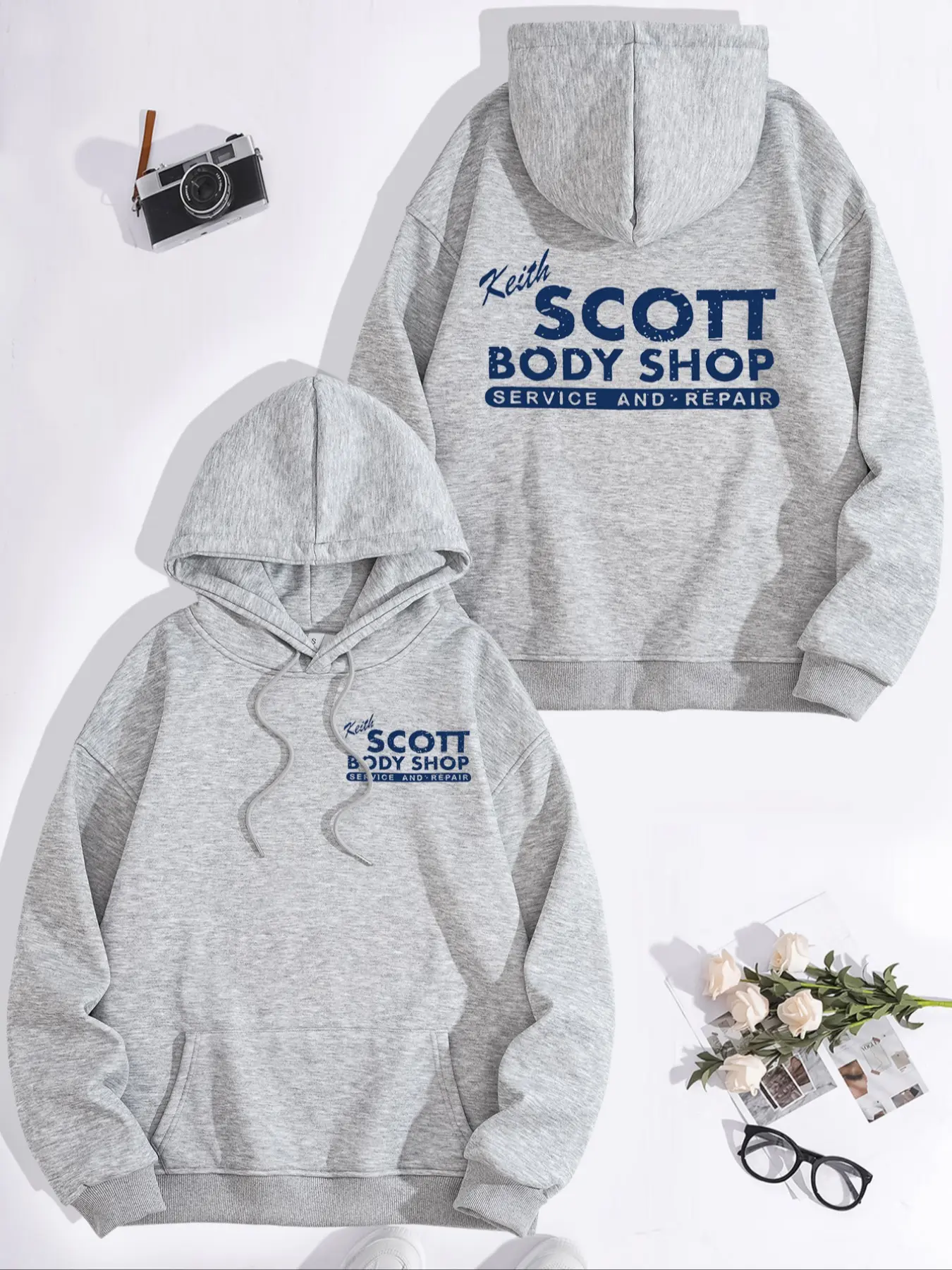 Women's Casual Keith Scott Hoodie Sweatshirt with Car Repair Graphic, Long Sleeve, Fleece Lined, Ribbed, Thick, Front Pocket, Fall & Winter Wear