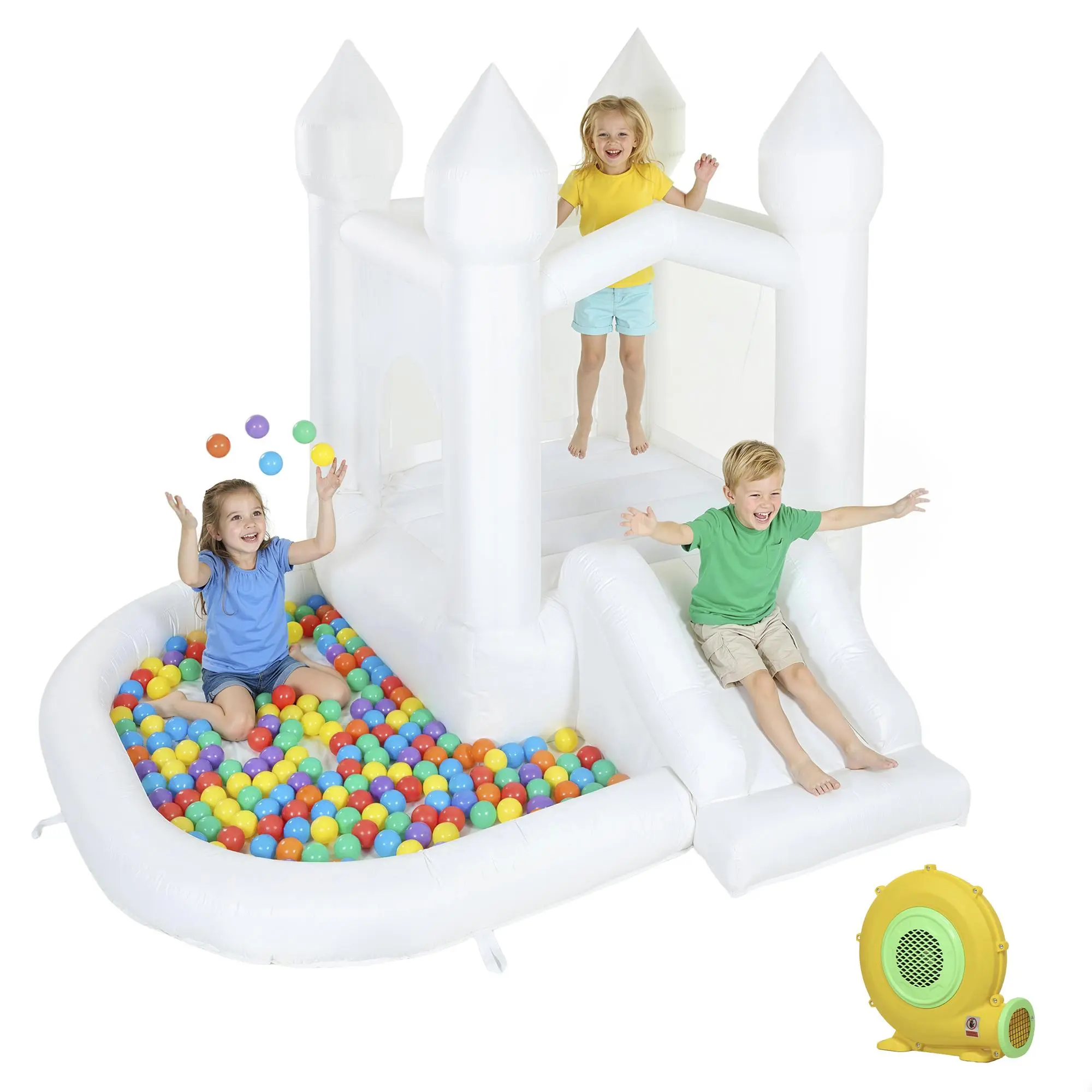 Qaba 8.2FT x 7.4FT White Bounce House, 3-in-1 Inflatable Bounce House with Slide and Ball Pit for Kids Ages 3-8, Indoor Outdoor Bouncy Castle with 370W Blower for Birthday and Wedding Party, White