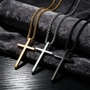 Stainless Steel Cross Necklace for Men Boys Gold Silver Black Durable Faith Jewelry Gift for Fathers Day Mens Accessories