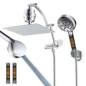 Hibbent All Metal 10'' Dual Filtered Rainfall Shower Head Combo, High Pressure Handheld Shower Head with 16'' Adjustable Arc Extension Arm, 20 Stage Shower Filter, 10-spray, 71'' Shower Hose, Chrome