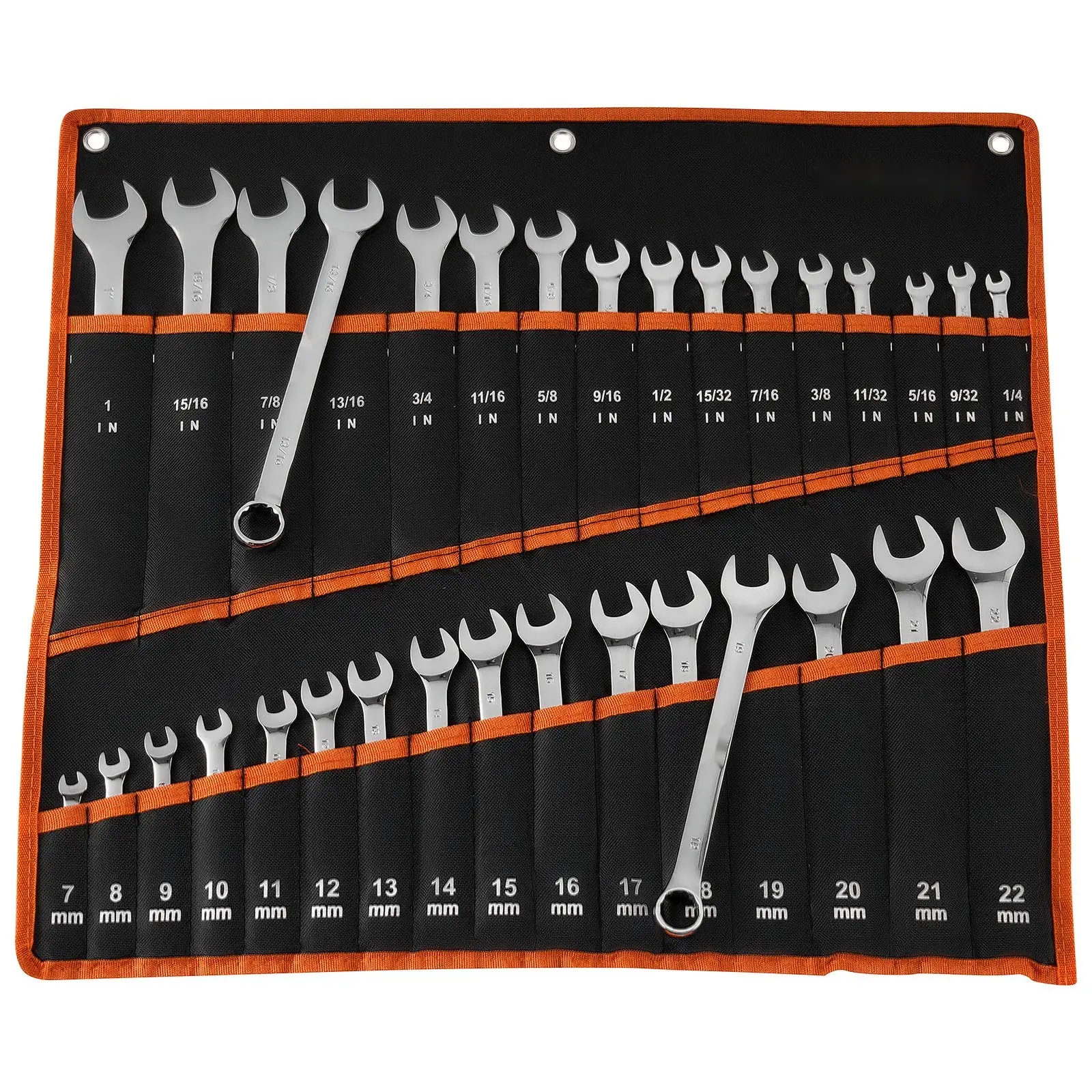32-Piece Combination Wrench Set: SAE And Metric, 12-Point Box End, 15-Degree Angled Open End Wrenches With Roll-Up Pouch, Carbon Steel Hand Tools For General Household And Automotive Repairs