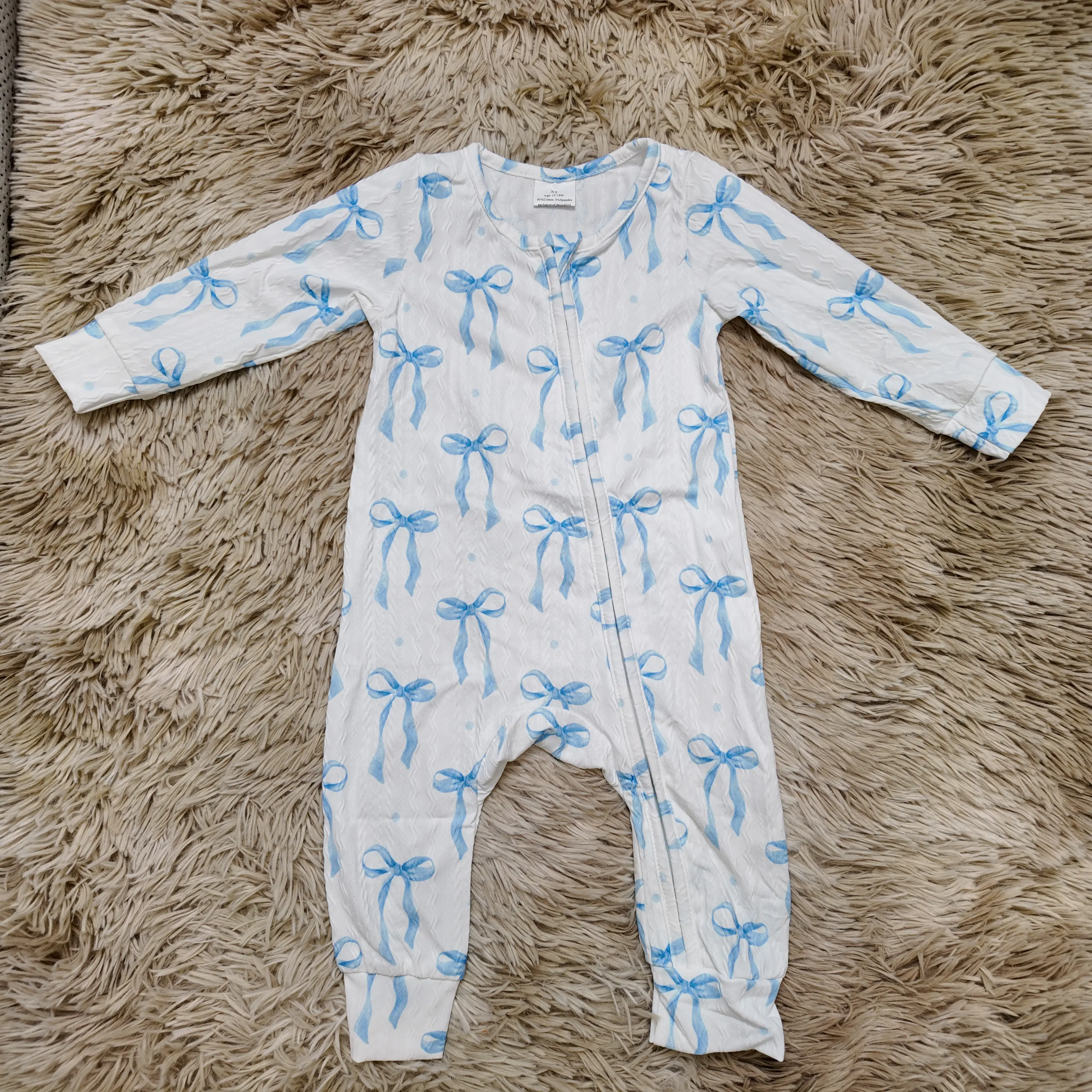 Long sleeves light blue bow printed cute zipper sleeper baby girls romper, Sleep Suit, Infant Pajamas, Toddler Pjs