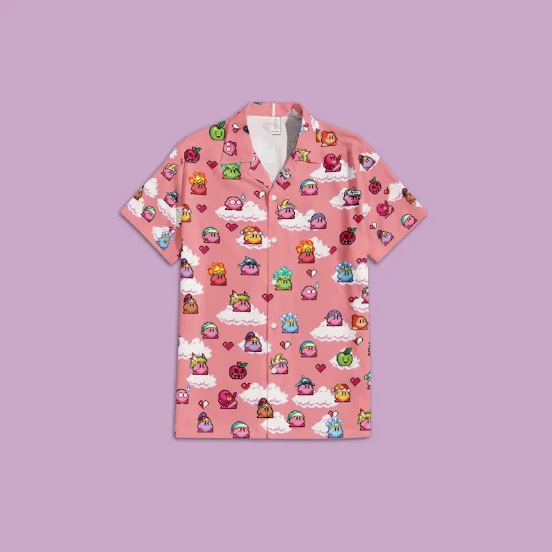 Kirby Pixel Art Hawaiian Button-Up Shirt, Anime Hawaii Shirt Gift, 8 Bit Retro Shirt, Kirby Family Beach Trip Shirt, PKM Gift