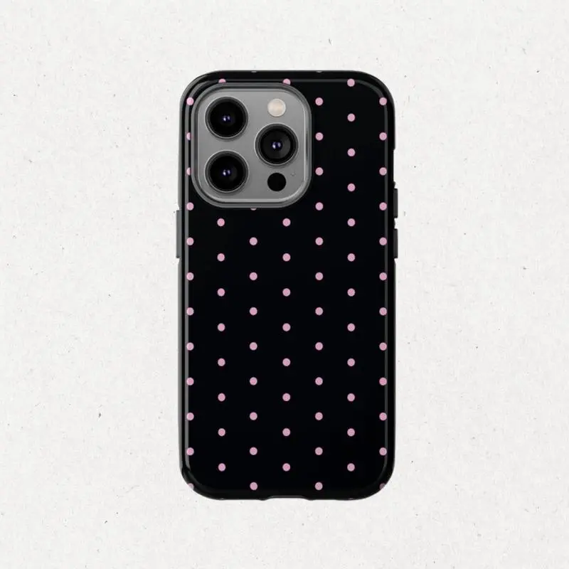 Black&Pink Polka Dot IPhone Case, Pink, Black, Suitable for IPhone17 ProMax, 16Pro, 15, 14. Premium Phone Case |     Shockproof Protective Phone Case |     Smart Phone Case Compatible with Samsung Galaxy S25