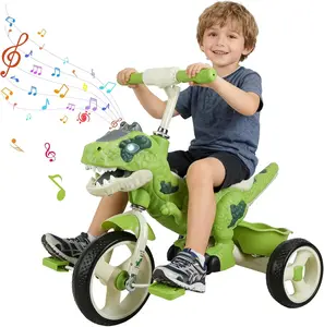 Dinosaur Kids Tricycle for Rider, Toddler Kid Trike Bike with Music, Light for 2-7 Years Old Boys Girls, Preschool Daycare Kids Bike Toy with Big Wheel, Storage Basket Green