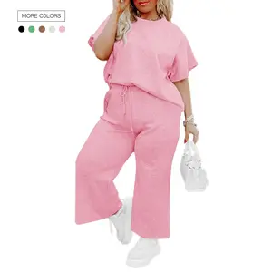 Women's Plus-Size 2-Piece Polyester Loungewear Set - Oversized Short-Sleeve Pullover Sweatshirt & Drawstring Wide-Leg Pants for Summer Vacation, Gym, summervibes